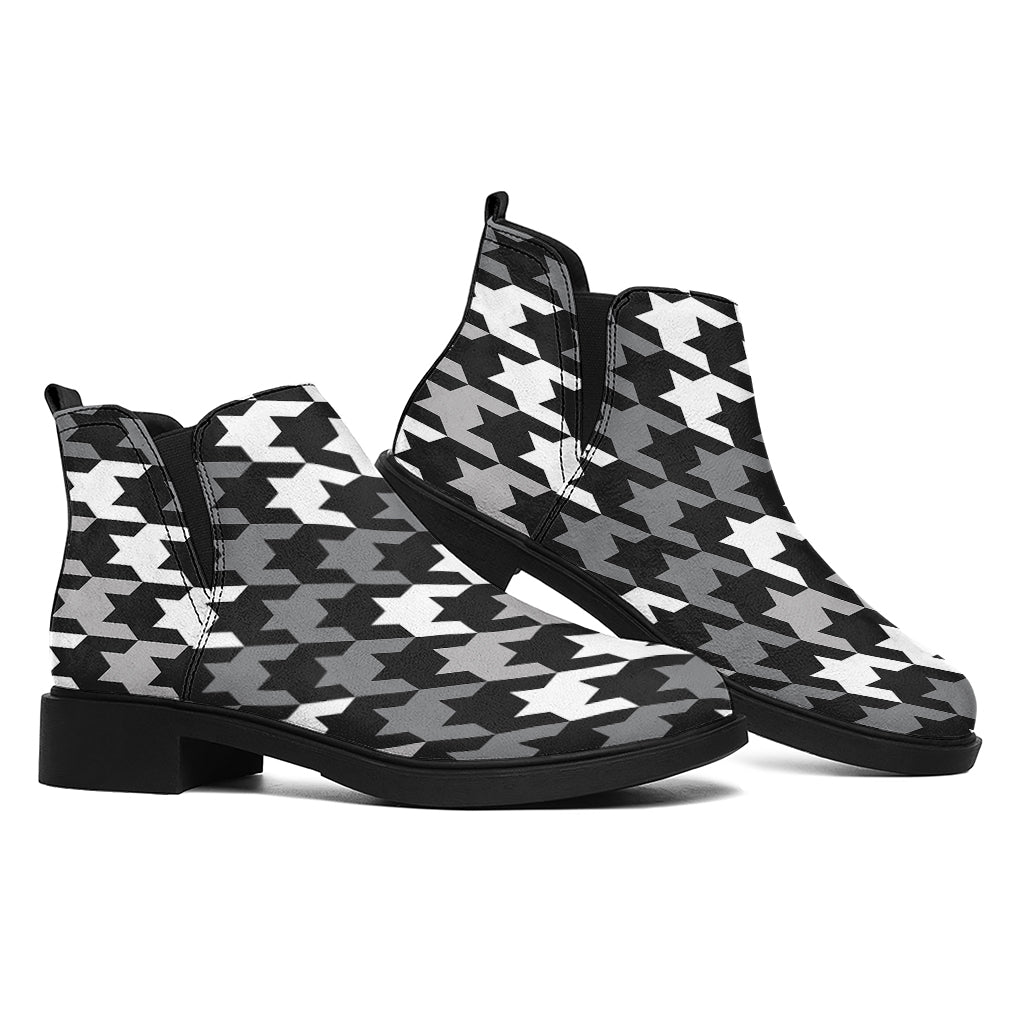 Grey Houndstooth Pattern Print Flat Ankle Boots