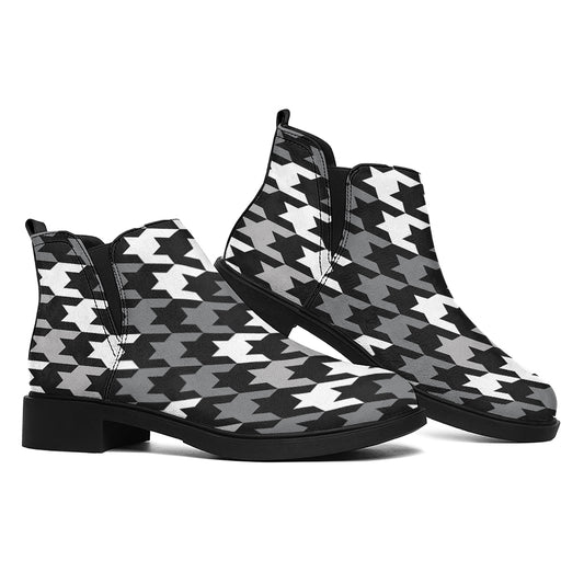 Grey Houndstooth Pattern Print Flat Ankle Boots