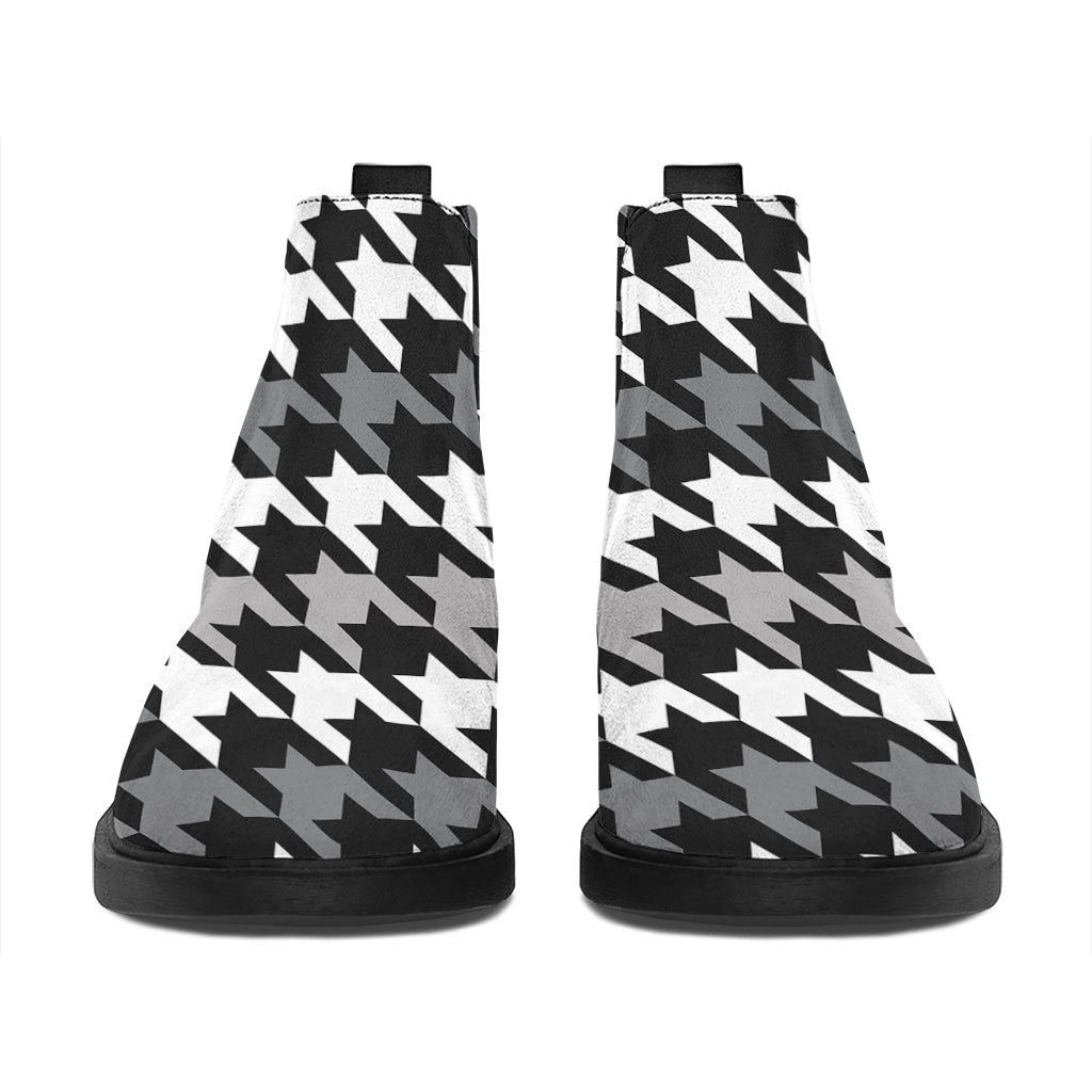 Grey Houndstooth Pattern Print Flat Ankle Boots