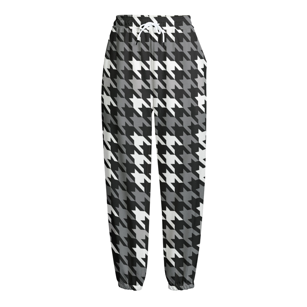 Grey Houndstooth Pattern Print Fleece Lined Knit Pants