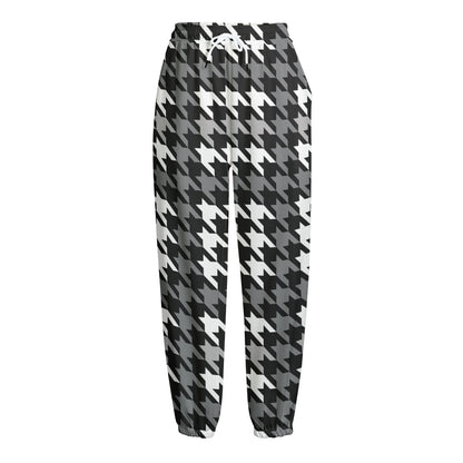 Grey Houndstooth Pattern Print Fleece Lined Knit Pants