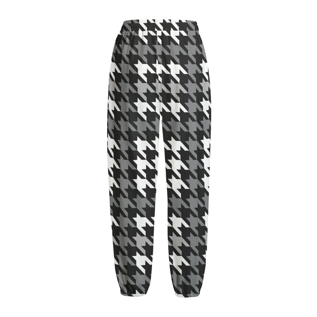 Grey Houndstooth Pattern Print Fleece Lined Knit Pants