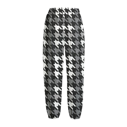 Grey Houndstooth Pattern Print Fleece Lined Knit Pants