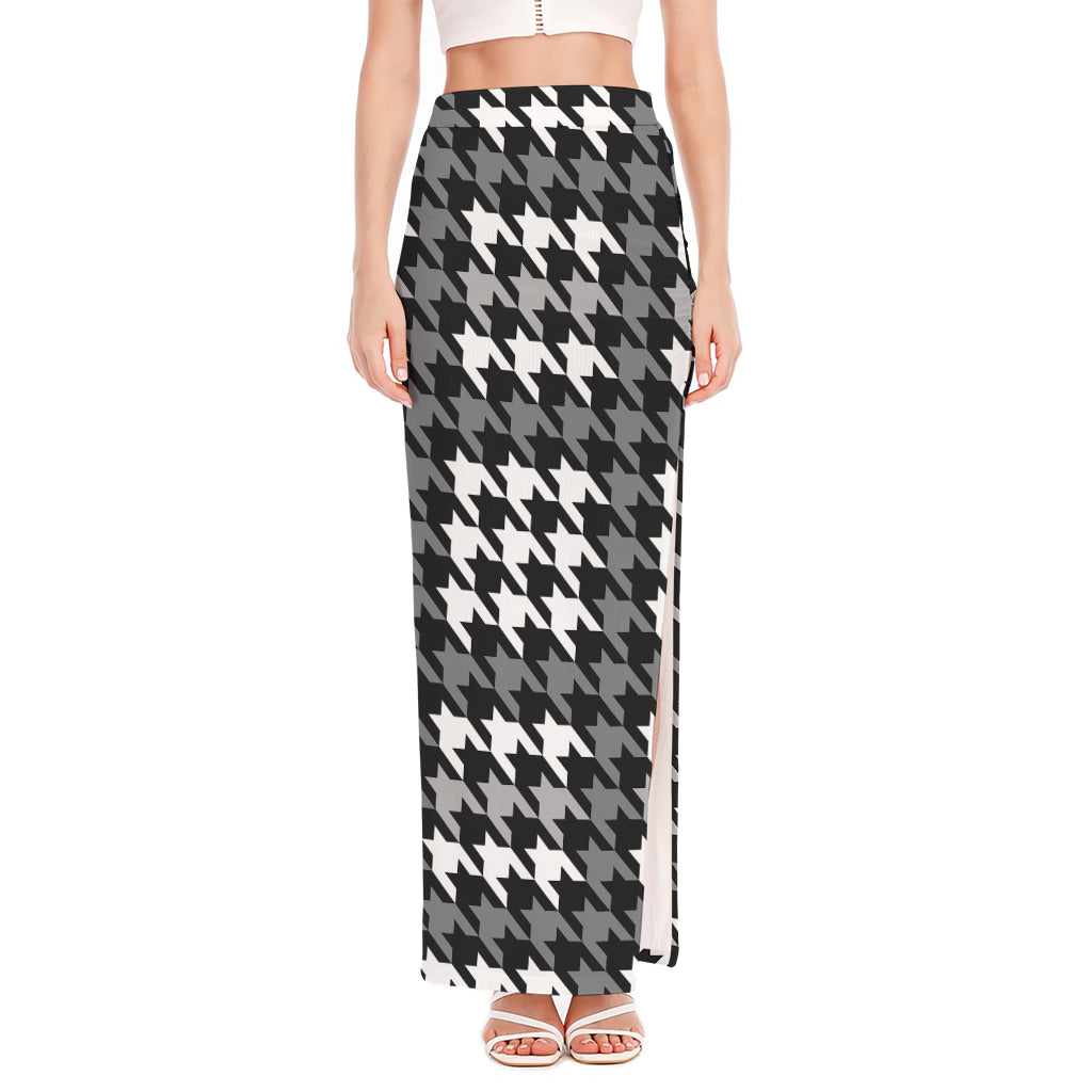 Grey Houndstooth Pattern Print High Slit Maxi Skirt