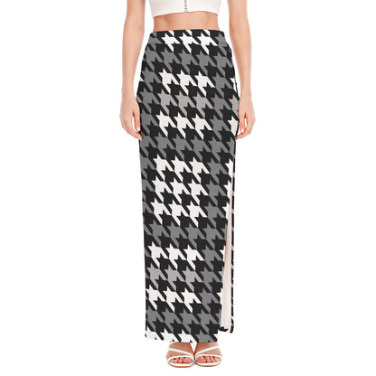 Grey Houndstooth Pattern Print High Slit Maxi Skirt