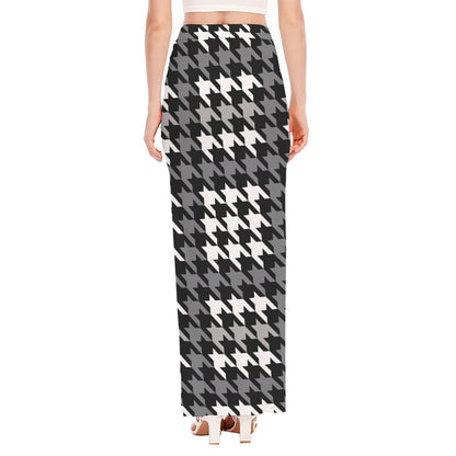 Grey Houndstooth Pattern Print High Slit Maxi Skirt