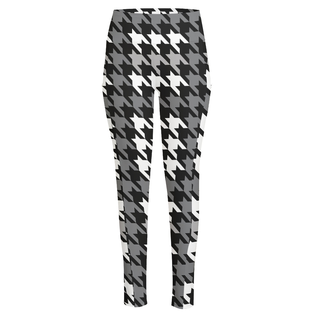Grey Houndstooth Pattern Print High-Waisted Pocket Leggings
