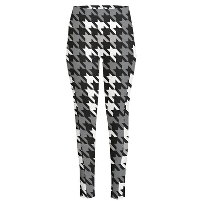 Grey Houndstooth Pattern Print High-Waisted Pocket Leggings