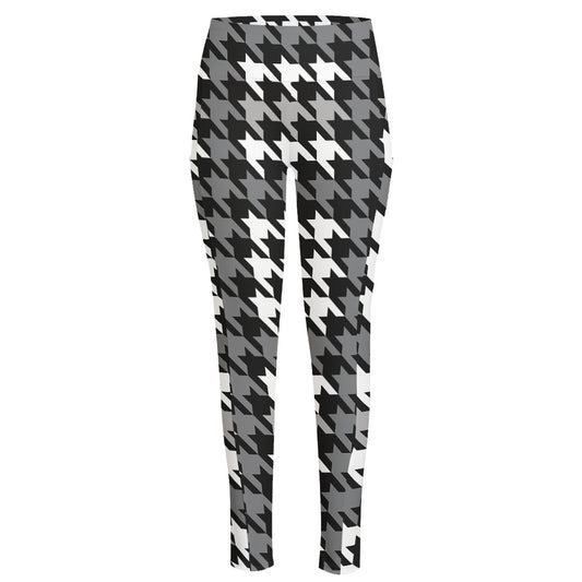 Grey Houndstooth Pattern Print High-Waisted Pocket Leggings