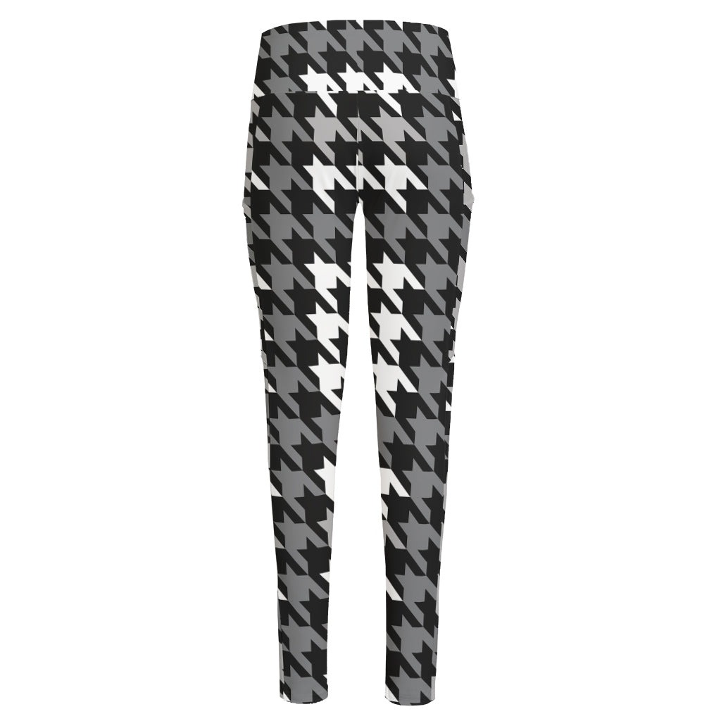 Grey Houndstooth Pattern Print High-Waisted Pocket Leggings