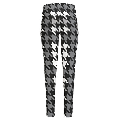Grey Houndstooth Pattern Print High-Waisted Pocket Leggings