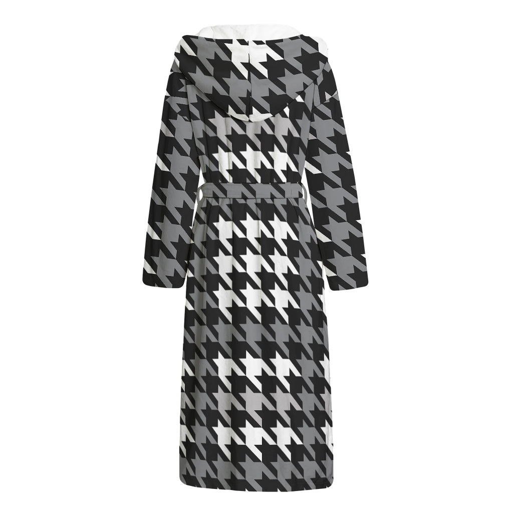 Grey Houndstooth Pattern Print Hooded Bathrobe