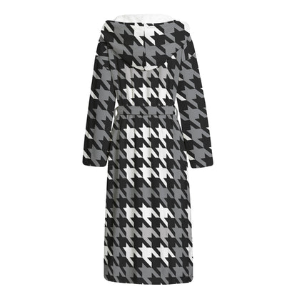 Grey Houndstooth Pattern Print Hooded Bathrobe