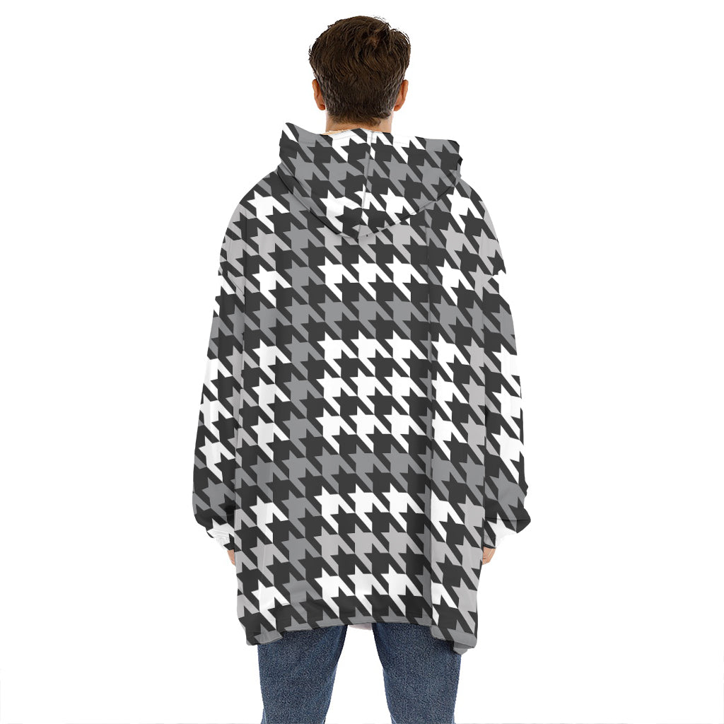 Grey Houndstooth Pattern Print Hoodie Blanket