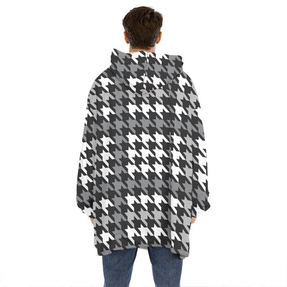 Grey Houndstooth Pattern Print Hoodie Blanket