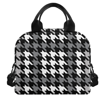 Grey Houndstooth Pattern Print Insulated Lunch Bag
