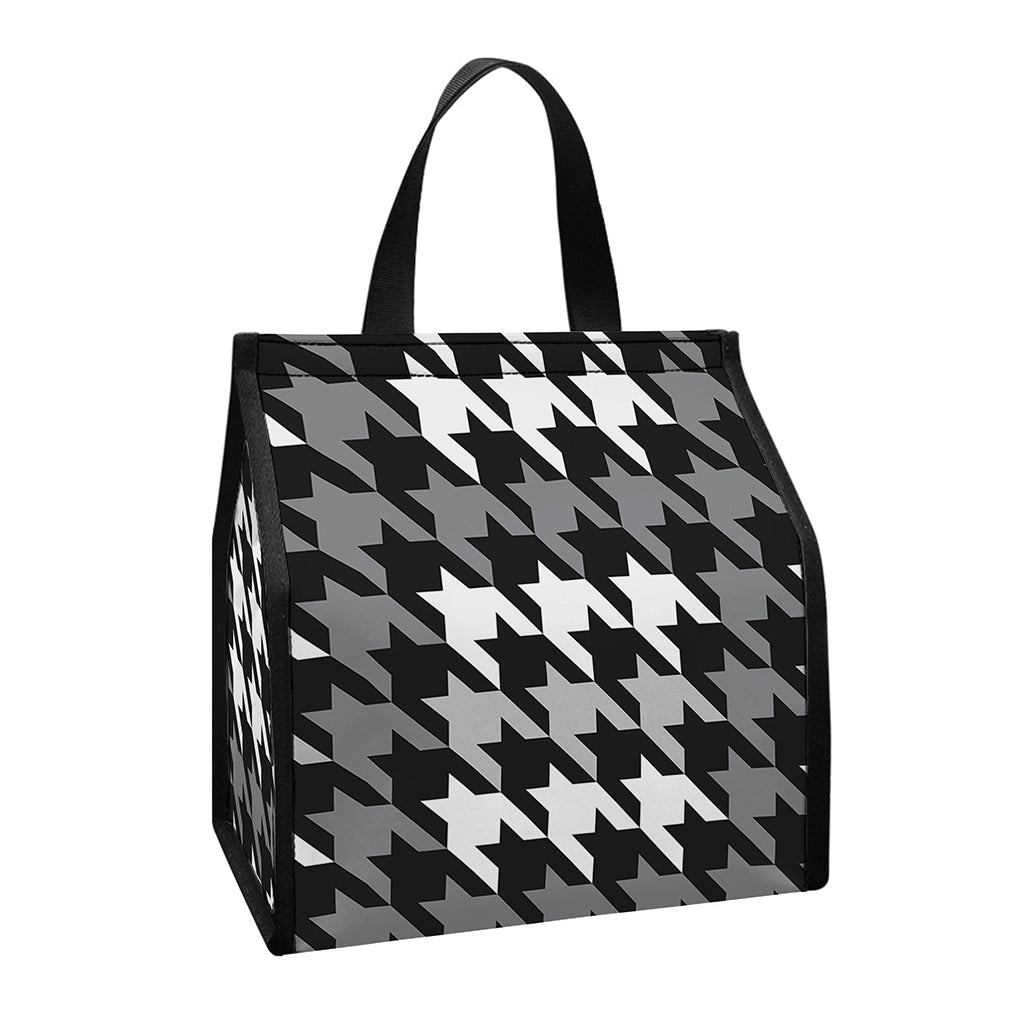Grey Houndstooth Pattern Print Insulated Lunch Tote