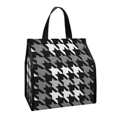 Grey Houndstooth Pattern Print Insulated Lunch Tote
