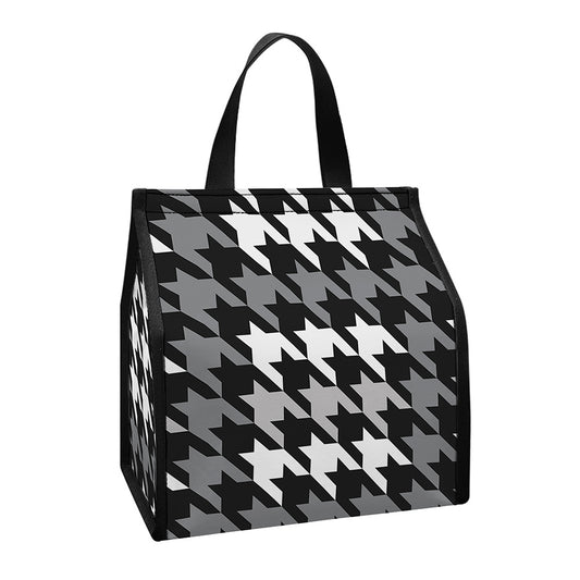Grey Houndstooth Pattern Print Insulated Lunch Tote