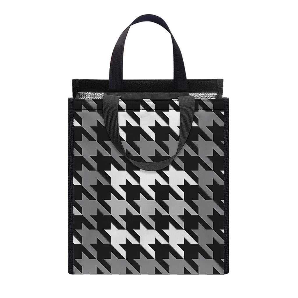 Grey Houndstooth Pattern Print Insulated Lunch Tote