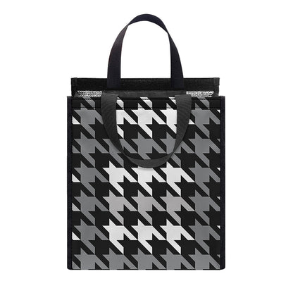Grey Houndstooth Pattern Print Insulated Lunch Tote