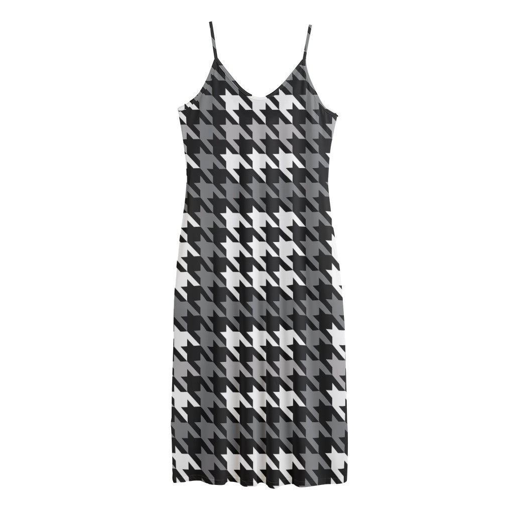 Grey Houndstooth Pattern Print Jersey Midi Cami Dress