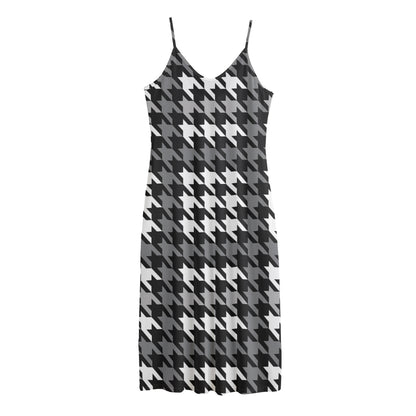 Grey Houndstooth Pattern Print Jersey Midi Cami Dress