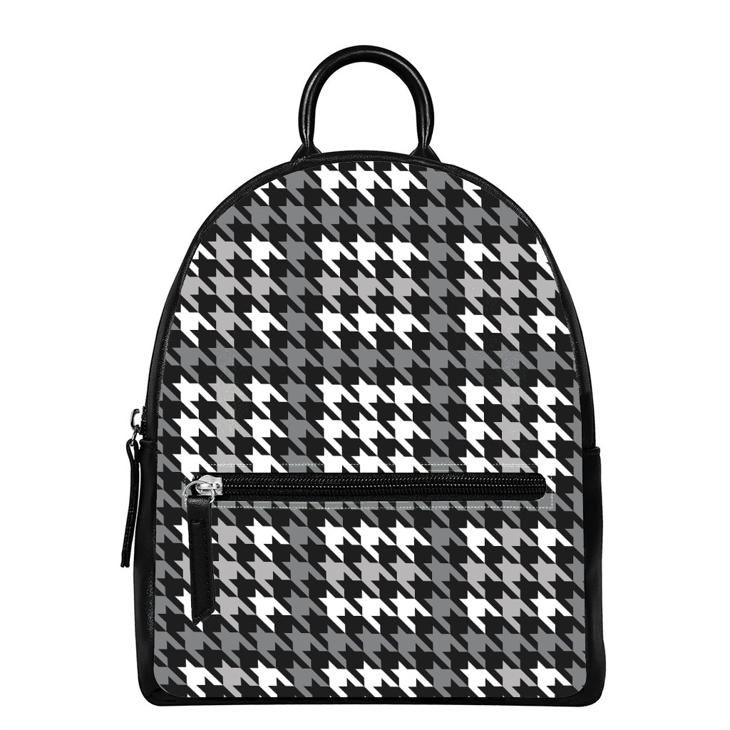Grey Houndstooth Pattern Print Leather Backpack