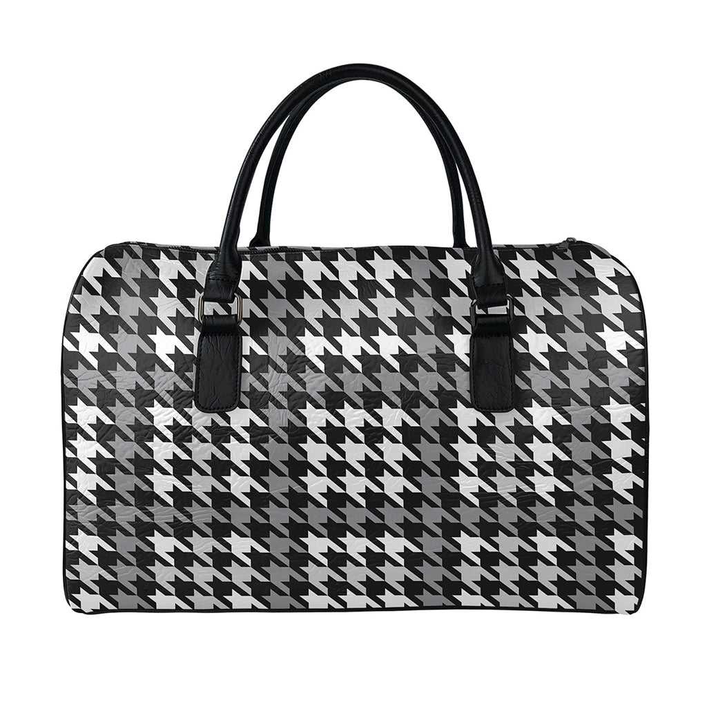 Grey Houndstooth Pattern Print Leather Duffle Bag