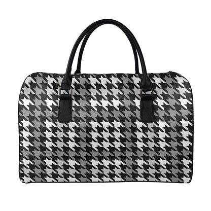 Grey Houndstooth Pattern Print Leather Duffle Bag