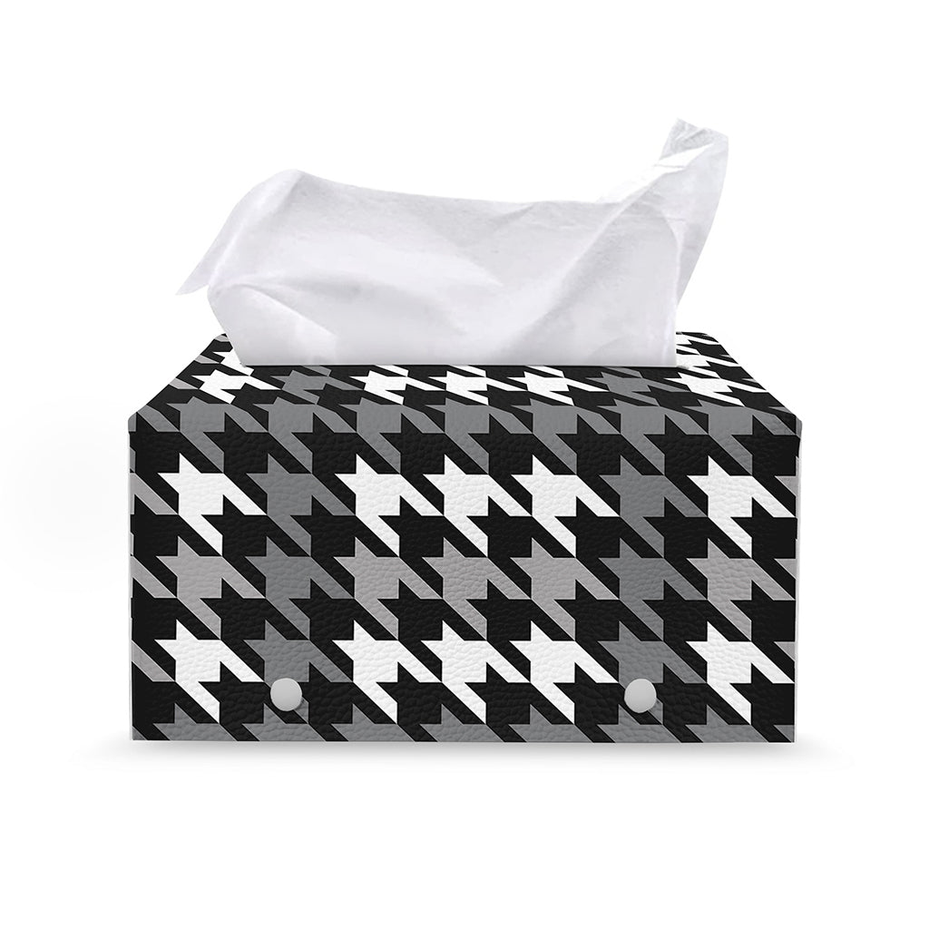 Grey Houndstooth Pattern Print Leather Tissue Box Cover