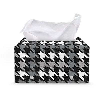 Grey Houndstooth Pattern Print Leather Tissue Box Cover