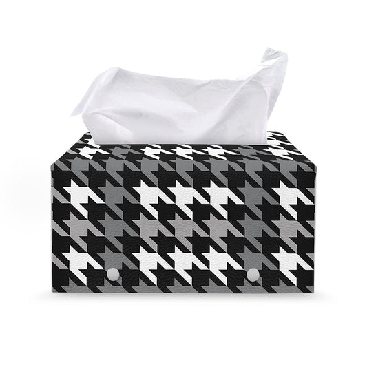 Grey Houndstooth Pattern Print Leather Tissue Box Cover