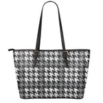 Grey Houndstooth Pattern Print Leather Tote Bag