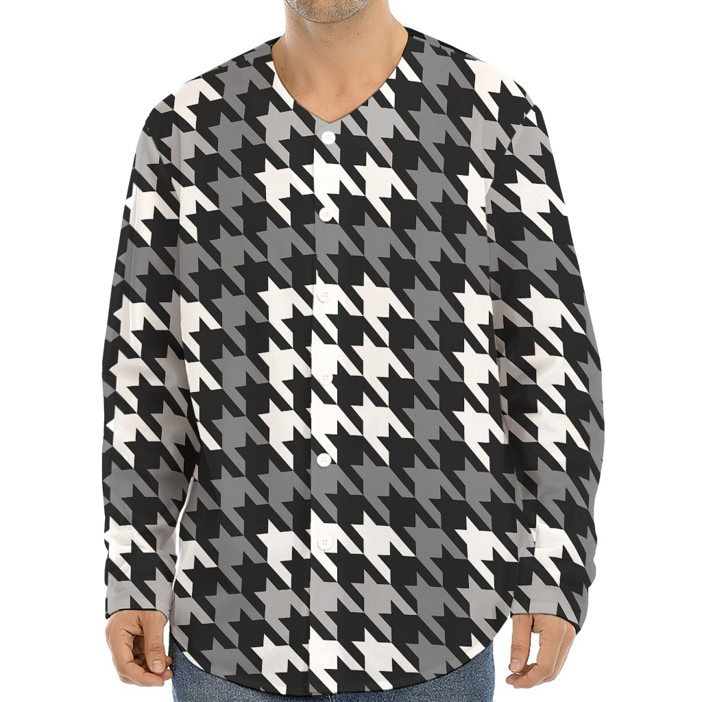 Grey Houndstooth Pattern Print Long Sleeve Baseball Jersey
