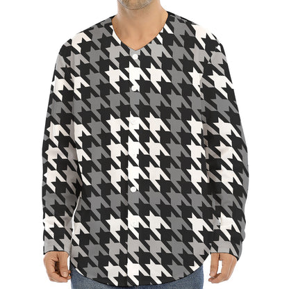 Grey Houndstooth Pattern Print Long Sleeve Baseball Jersey