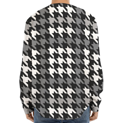 Grey Houndstooth Pattern Print Long Sleeve Baseball Jersey