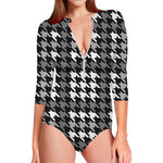 Grey Houndstooth Pattern Print Long Sleeve Swimsuit