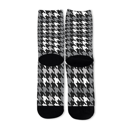 Grey Houndstooth Pattern Print Long Socks