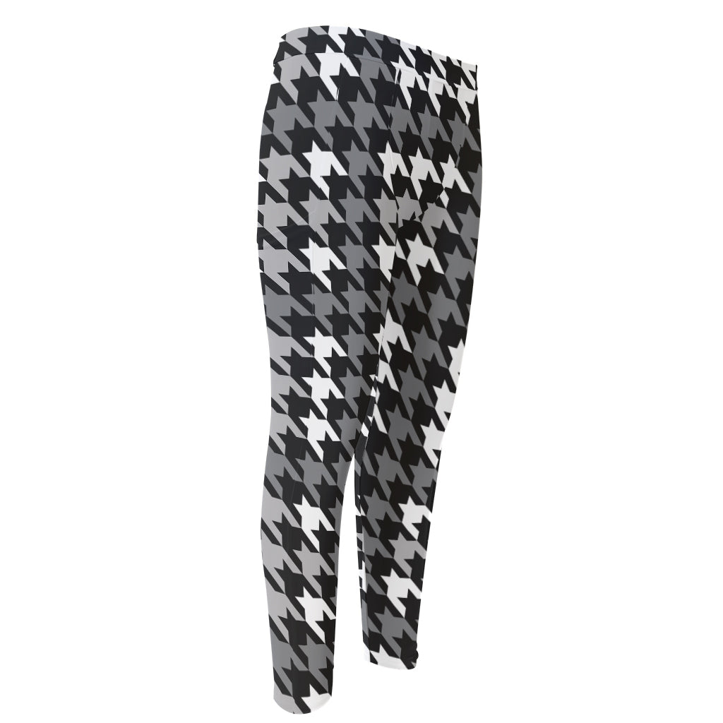 Grey Houndstooth Pattern Print Men's Compression Pants