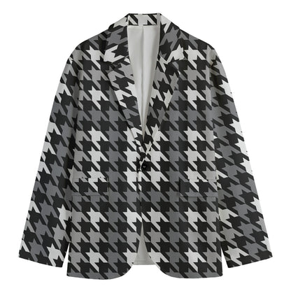Grey Houndstooth Pattern Print Men's Cotton Blazer