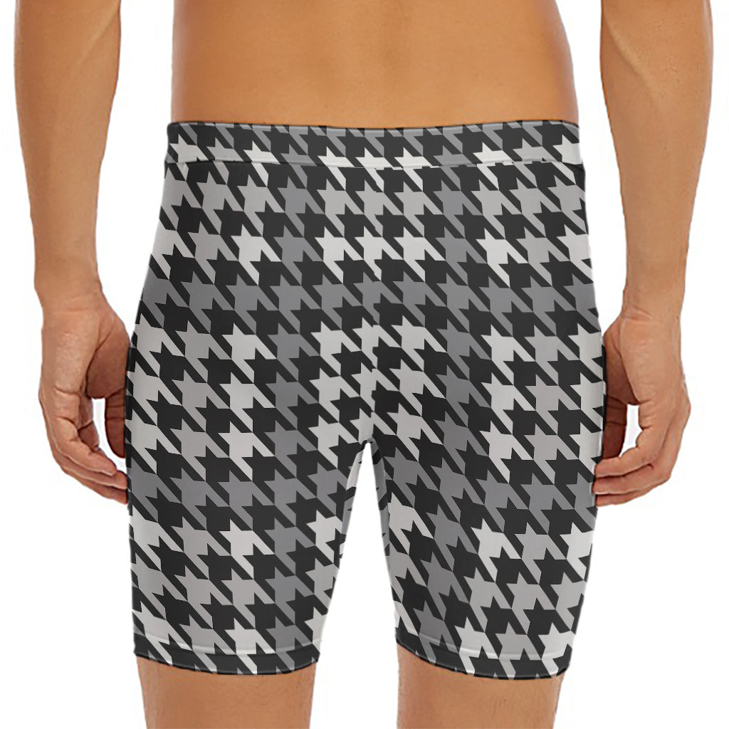 Grey Houndstooth Pattern Print Men's Long Boxer Briefs