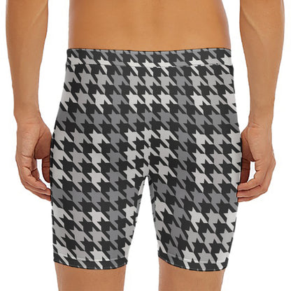 Grey Houndstooth Pattern Print Men's Long Boxer Briefs