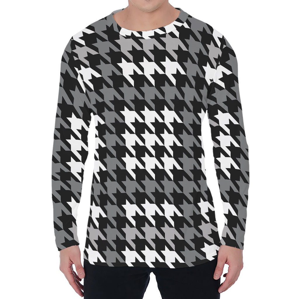 Grey Houndstooth Pattern Print Men's Long Sleeve T-Shirt