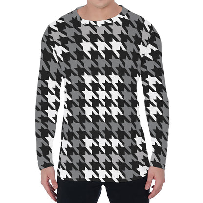 Grey Houndstooth Pattern Print Men's Long Sleeve T-Shirt