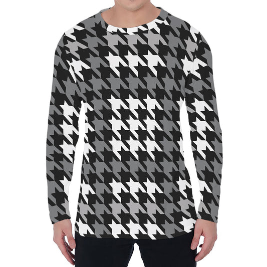 Grey Houndstooth Pattern Print Men's Long Sleeve T-Shirt