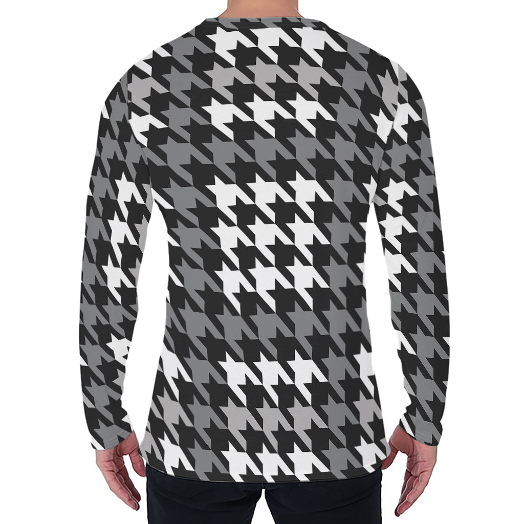 Grey Houndstooth Pattern Print Men's Long Sleeve T-Shirt