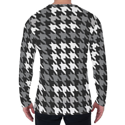 Grey Houndstooth Pattern Print Men's Long Sleeve T-Shirt