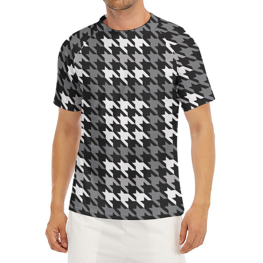 Grey Houndstooth Pattern Print Men's Short Sleeve Rash Guard