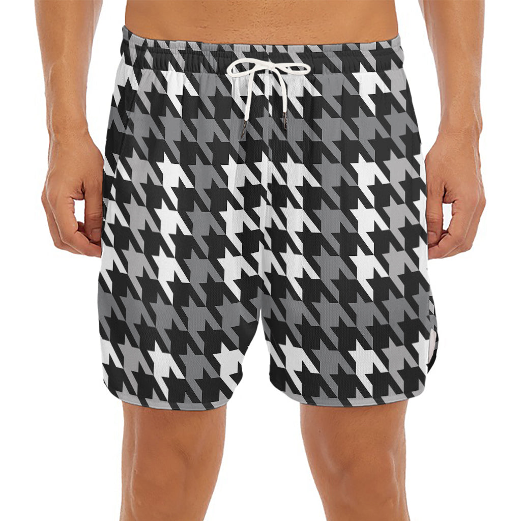 Grey Houndstooth Pattern Print Men's Split Running Shorts